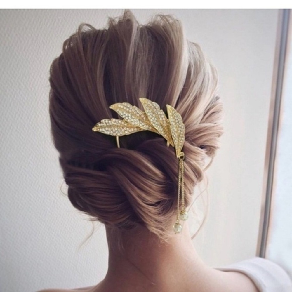 Gold Rhinestone Leaf Hair Clip Bridal Wedding Botanical Barrette NWT